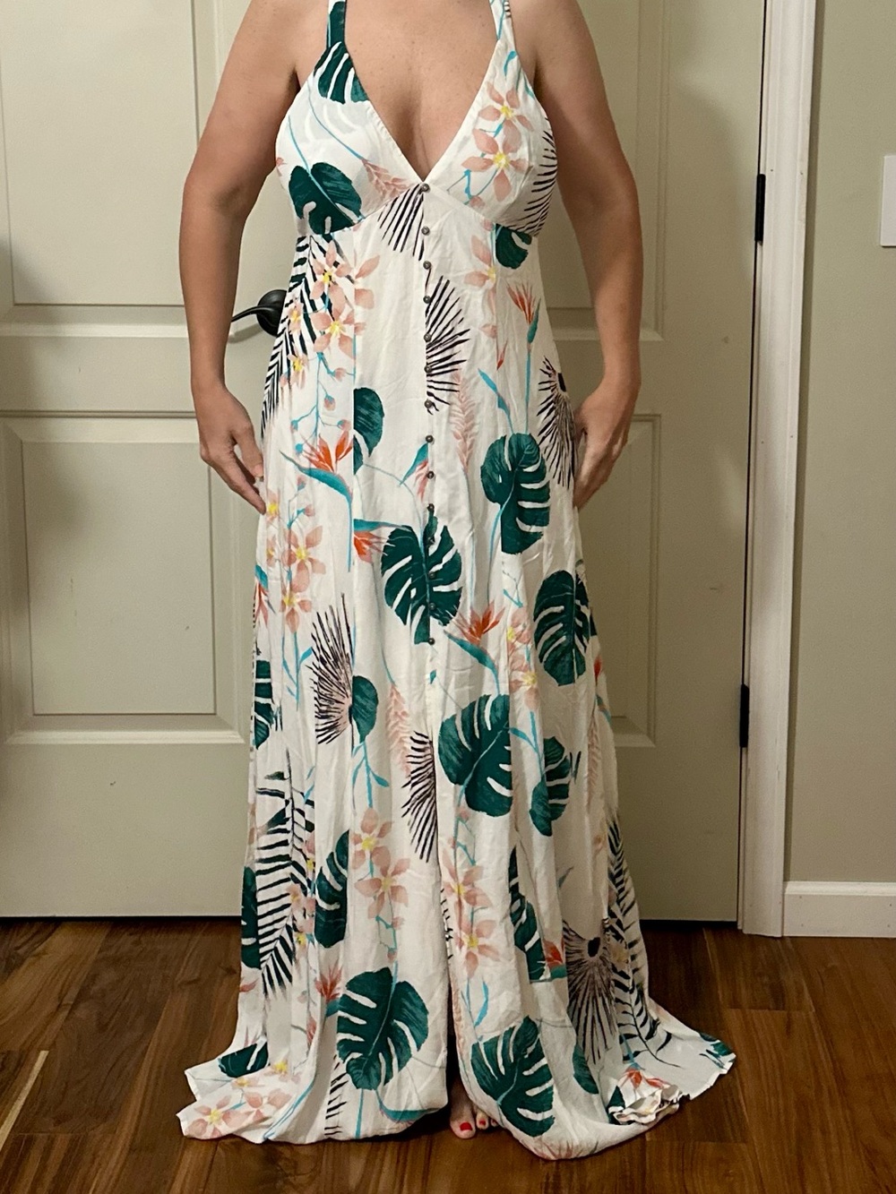 HOMAGE White Maxi Dress with Green Leaf & Pink Floral Print